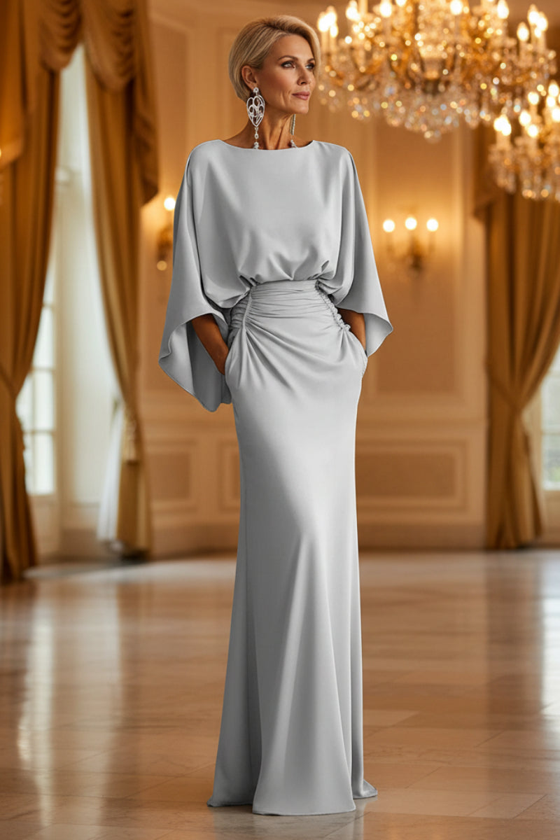Backless Pleated Mermaid Maxi Dress - Silver Batwing Sleeve Gown