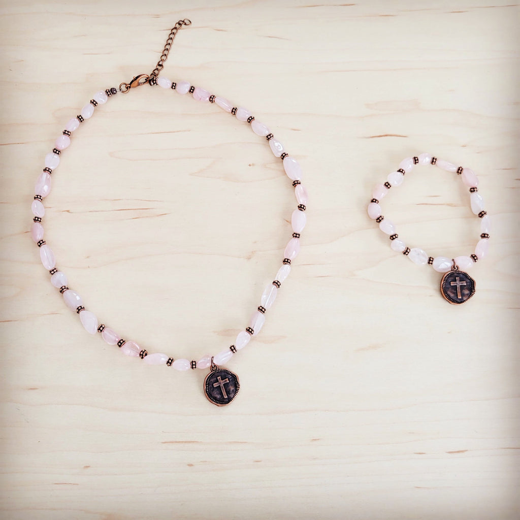 Rose Quartz Beaded Stretch Bracelet with Copper Cross Charm - Image 4