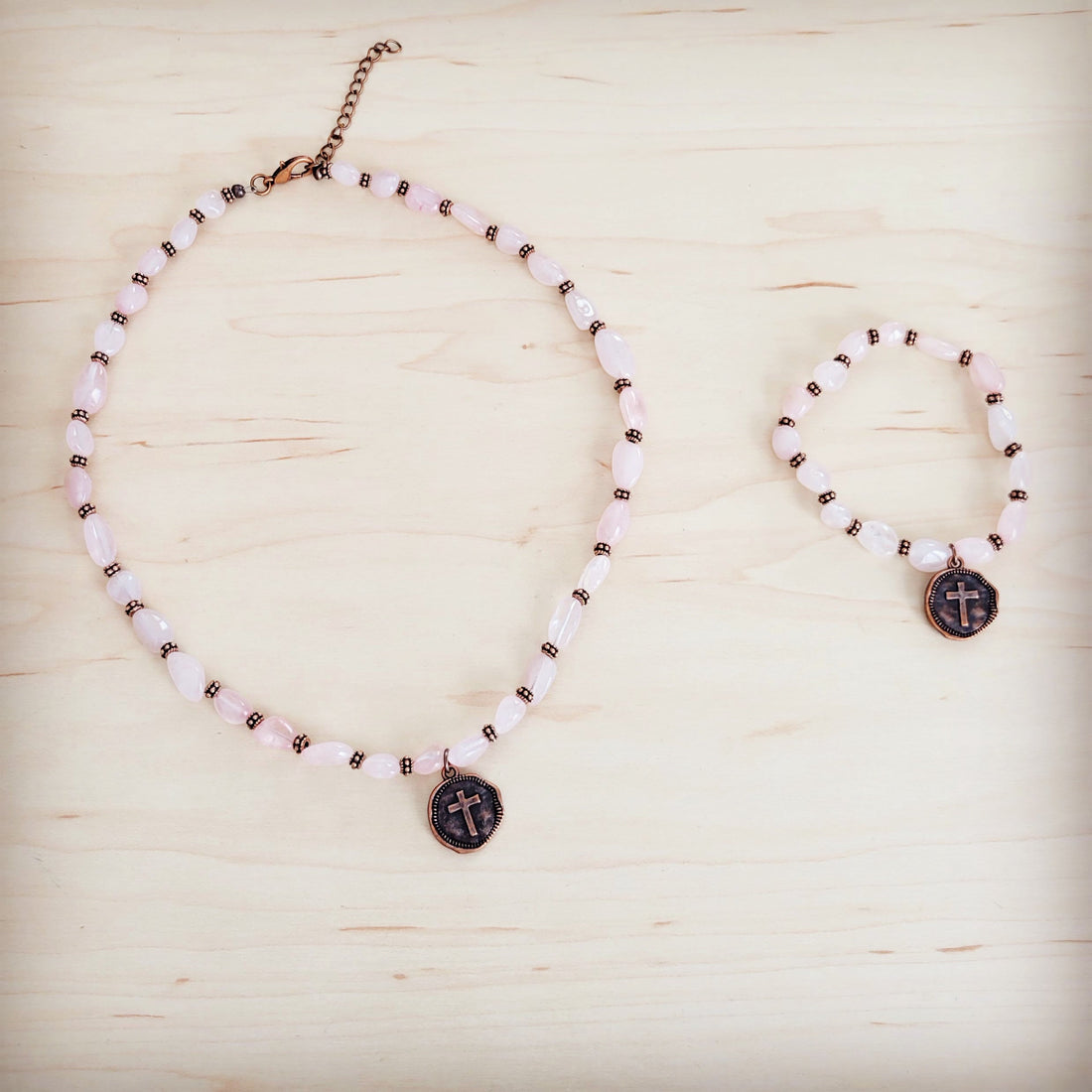Rose Quartz Beaded Stretch Bracelet with Copper Cross Charm - Image 4