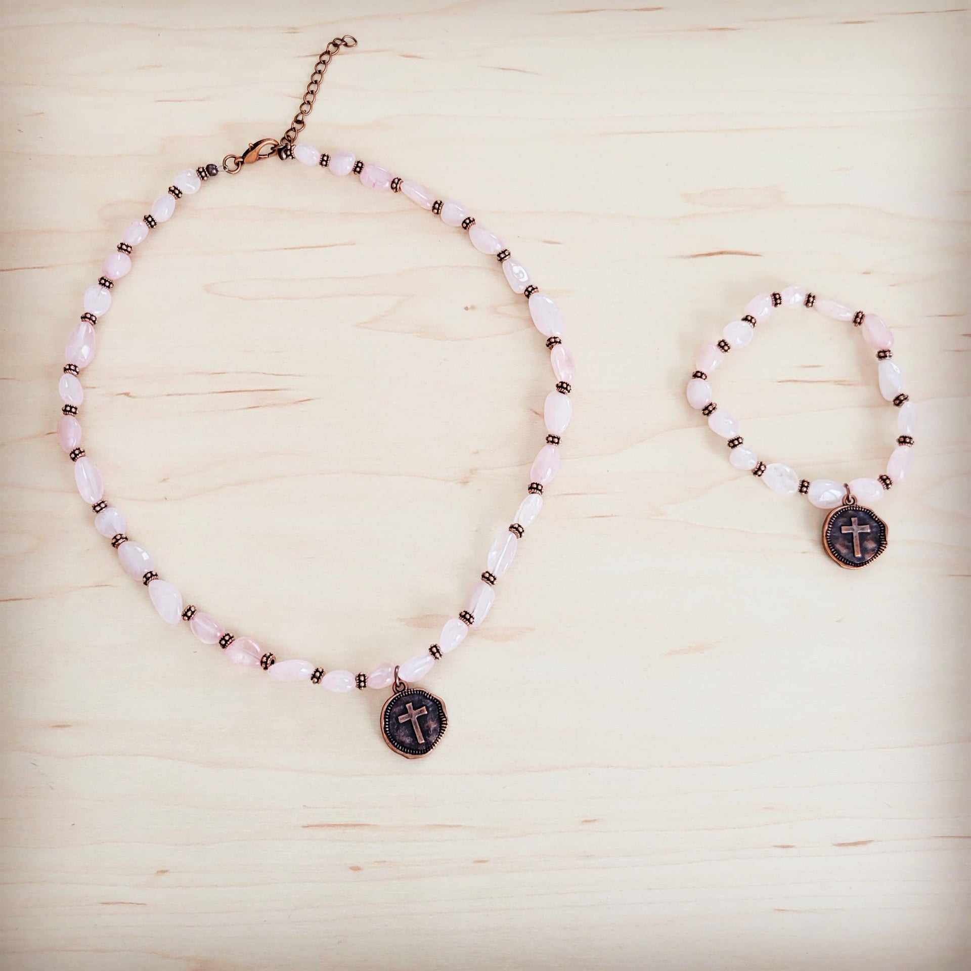 Rose Quartz Beaded Stretch Bracelet with Copper Cross Charm - Image 4