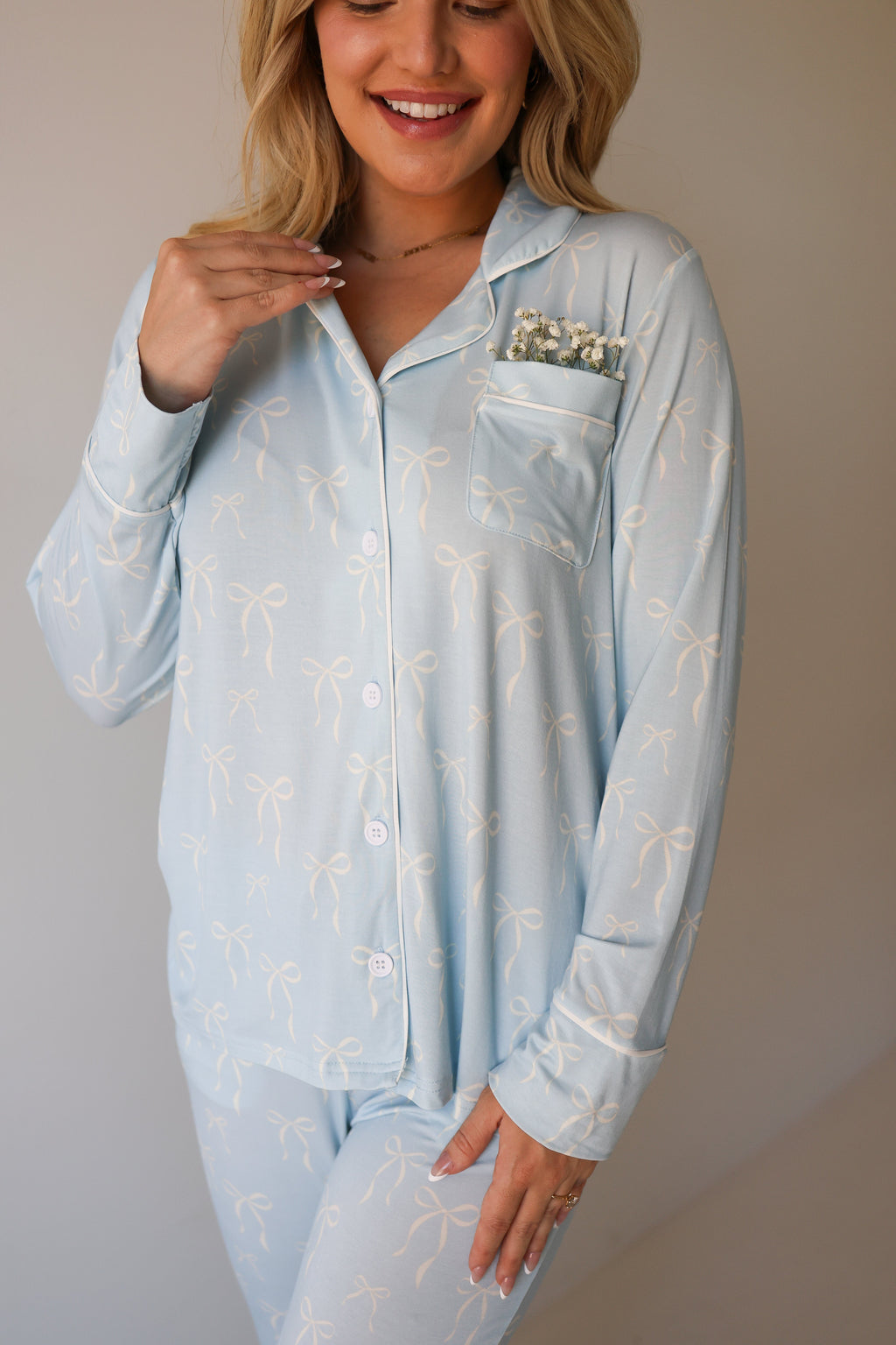Women's Bamboo Button Up Lounge Set in Blue Bows Pattern