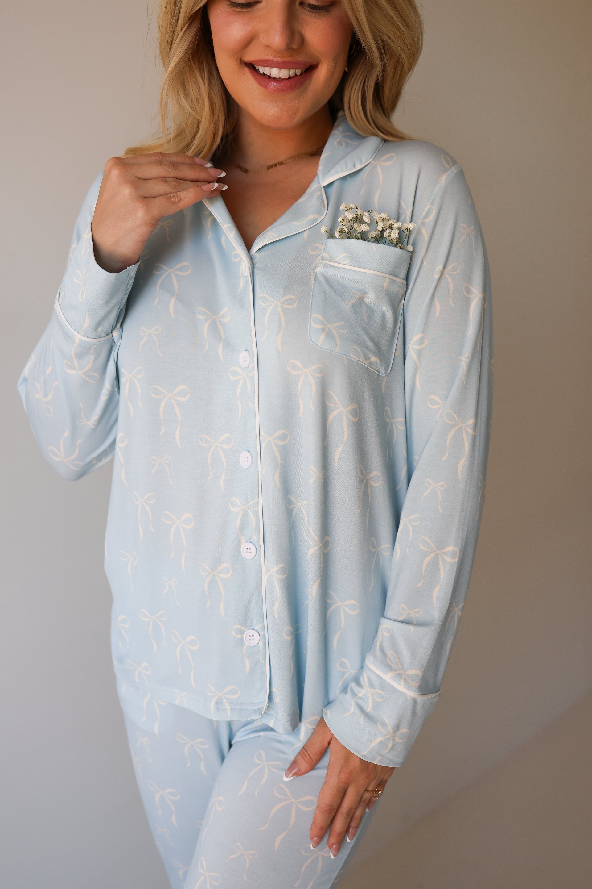 Women's Bamboo Button Up Lounge Set in Blue Bows Pattern
