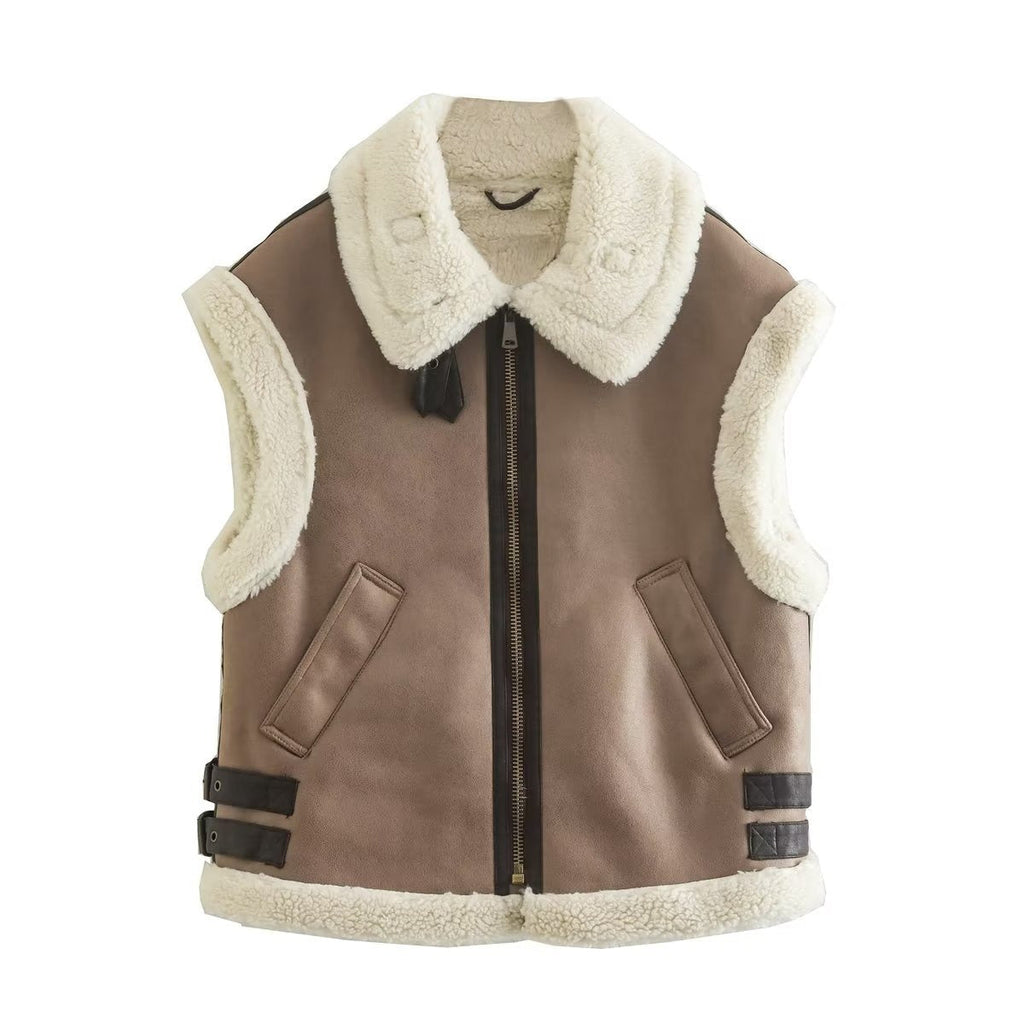 Women's Harajuku style faux leather and shearling lapel vest available in brown and black, featuring a cozy cream wool-blend lining, full zip front, and side pockets.