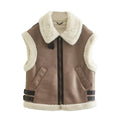Women's Harajuku style faux leather and shearling lapel vest available in brown and black, featuring a cozy cream wool-blend lining, full zip front, and side pockets.