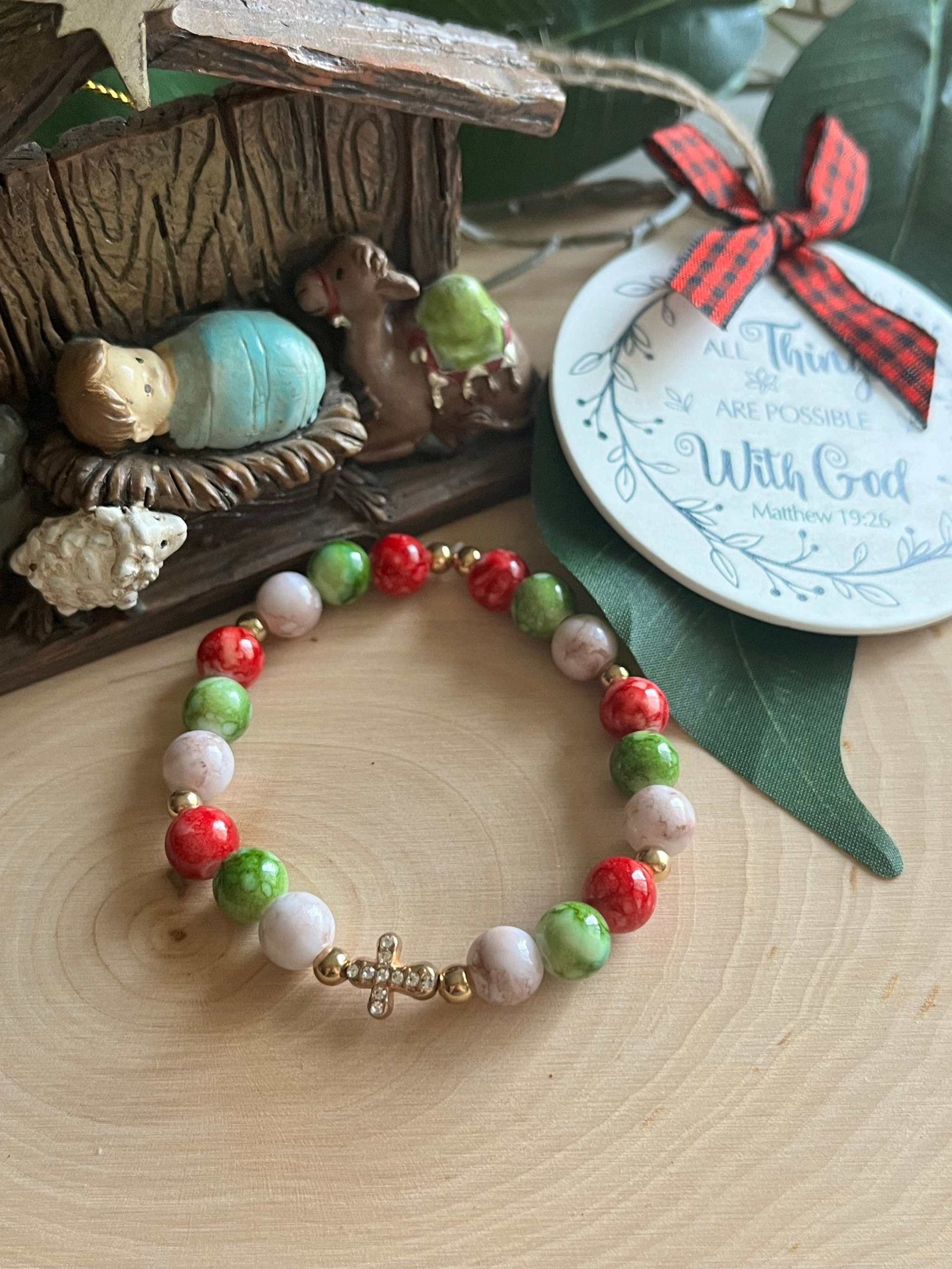 Bead Bracelet Jeweled Christmas Gold Cross