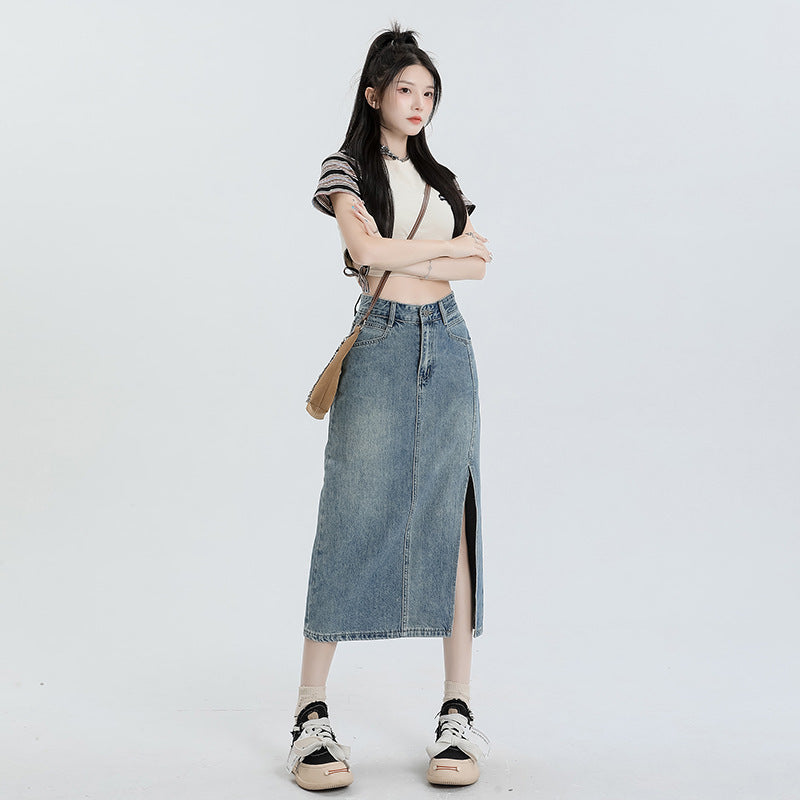 Women's High Waist A-Line Denim Midi Skirt with Side Slit - Image 2