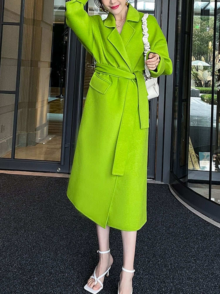 Women's Harajuku Grass Green Wool Blend Belted Overcoat - Image 2