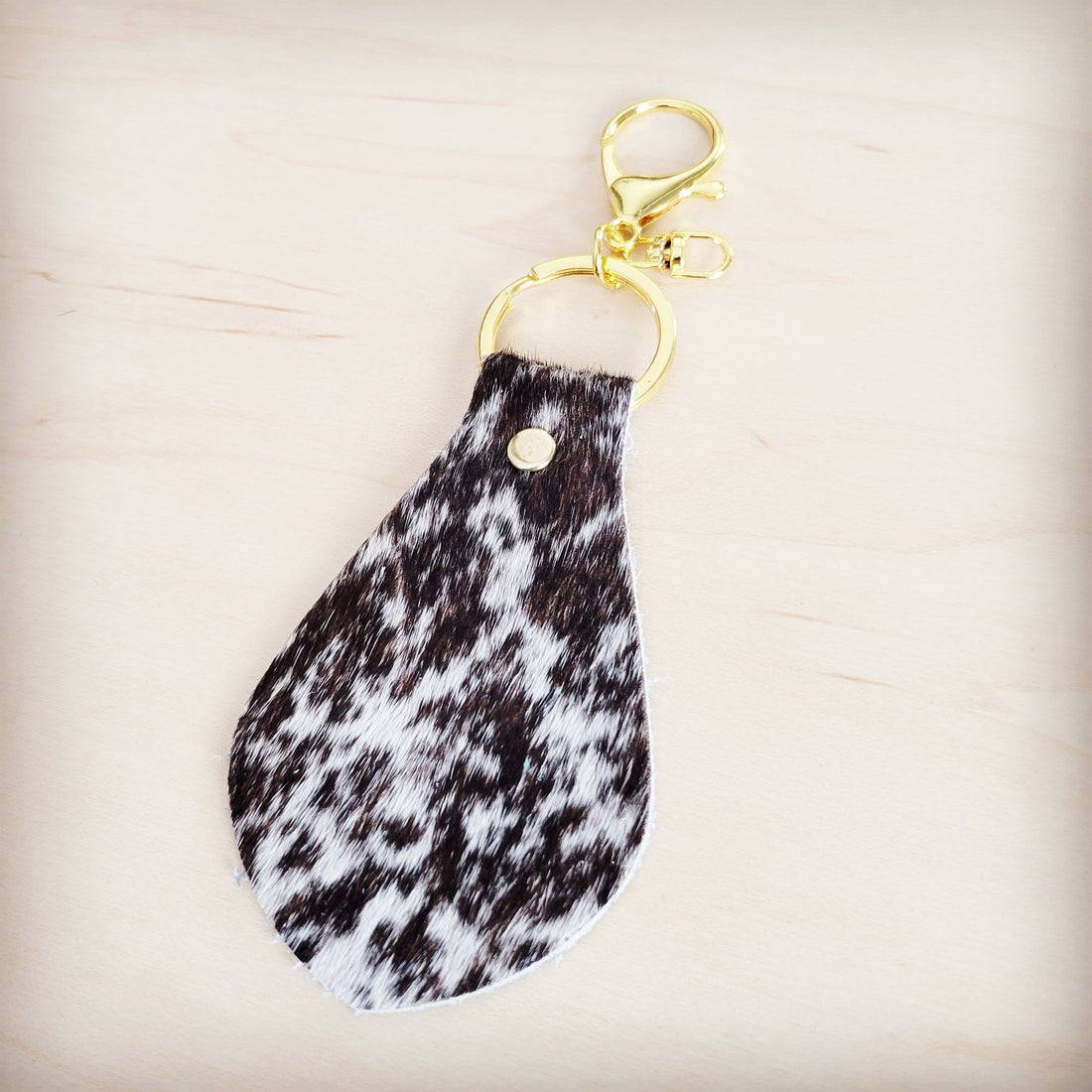 Brindle Cowhide Leather Keychain with Gold Tone Clip - Image 4