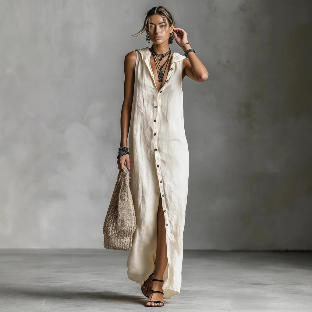 Women's Sleeveless Button-Down Hooded Maxi Dress - Image 2
