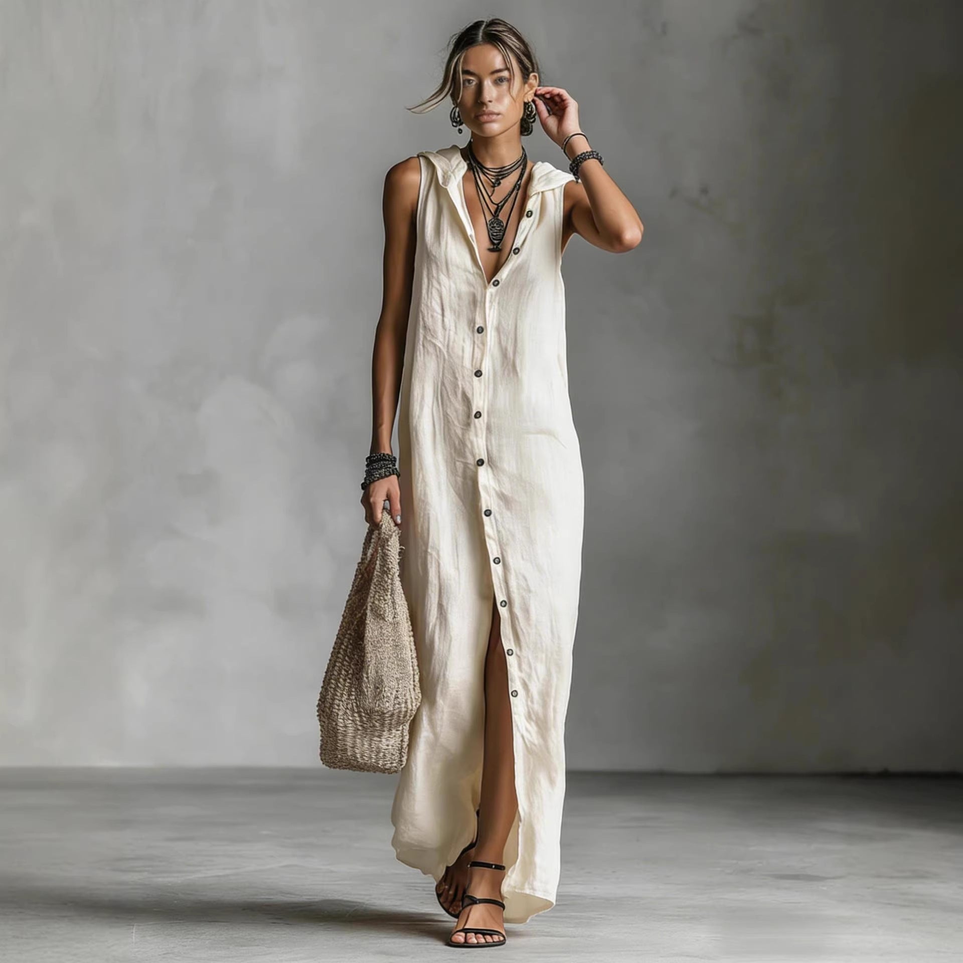 Women's Sleeveless Button-Down Hooded Maxi Dress - Image 2