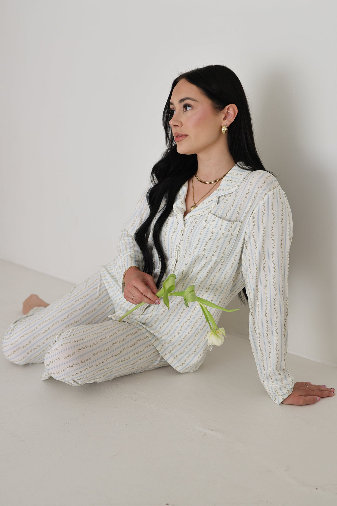 Women's Bamboo Button Up Lounge Set in Dainty Vines Print
