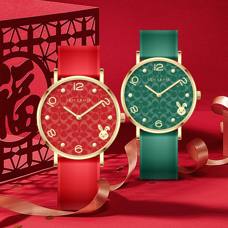 Elegant Zodiac Rabbit Women's Quartz Watch - Green & Red Strap - Image 4