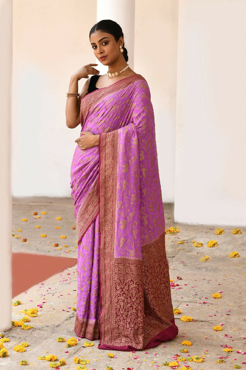 Hot Pink Crepe Chiffon Handloom Banarasi Silk Saree