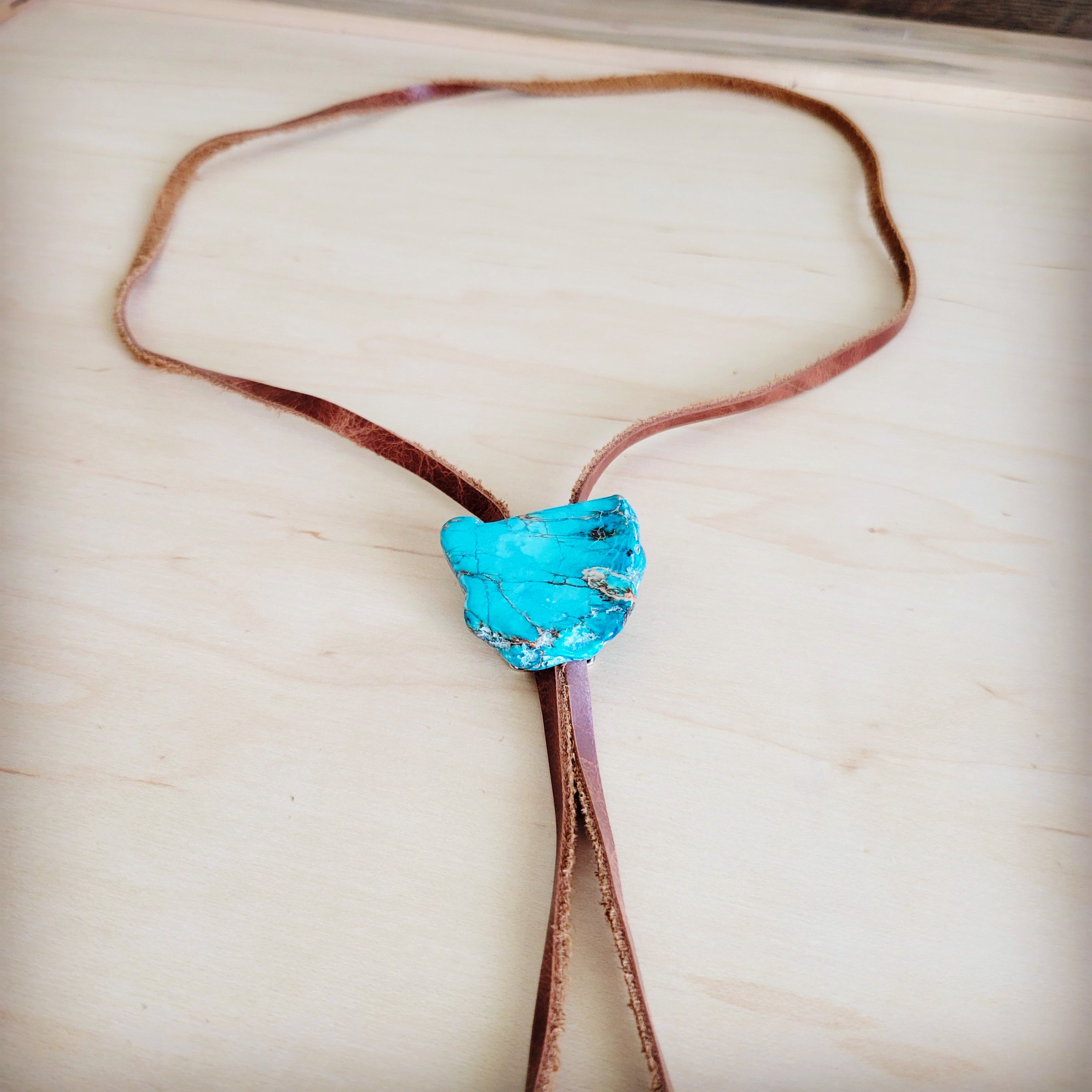 Leather Lariat Boho Necklace w/ Blue Regalite Slab Accent 264f