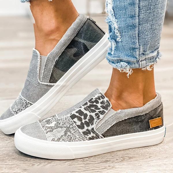 Women's Casual Patchwork Animal Print Canvas Slip-On Loafers