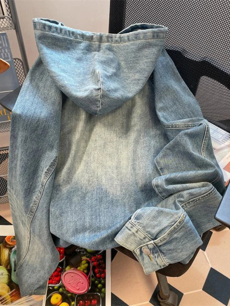 Women's Vintage Wash Denim Hoodie - Harajuku Style Oversized - Image 2
