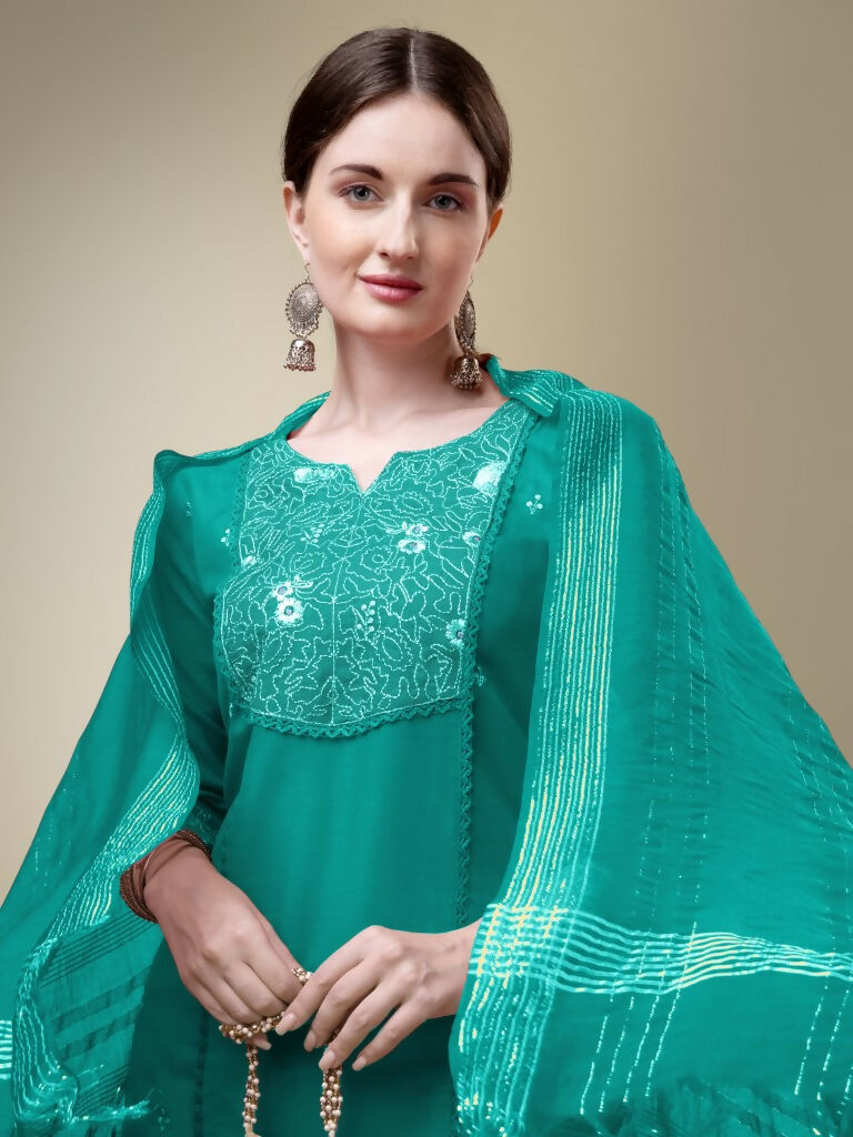 Women's Rama Cotton Blend Embroidered Straight Kurta Set with Dupatta