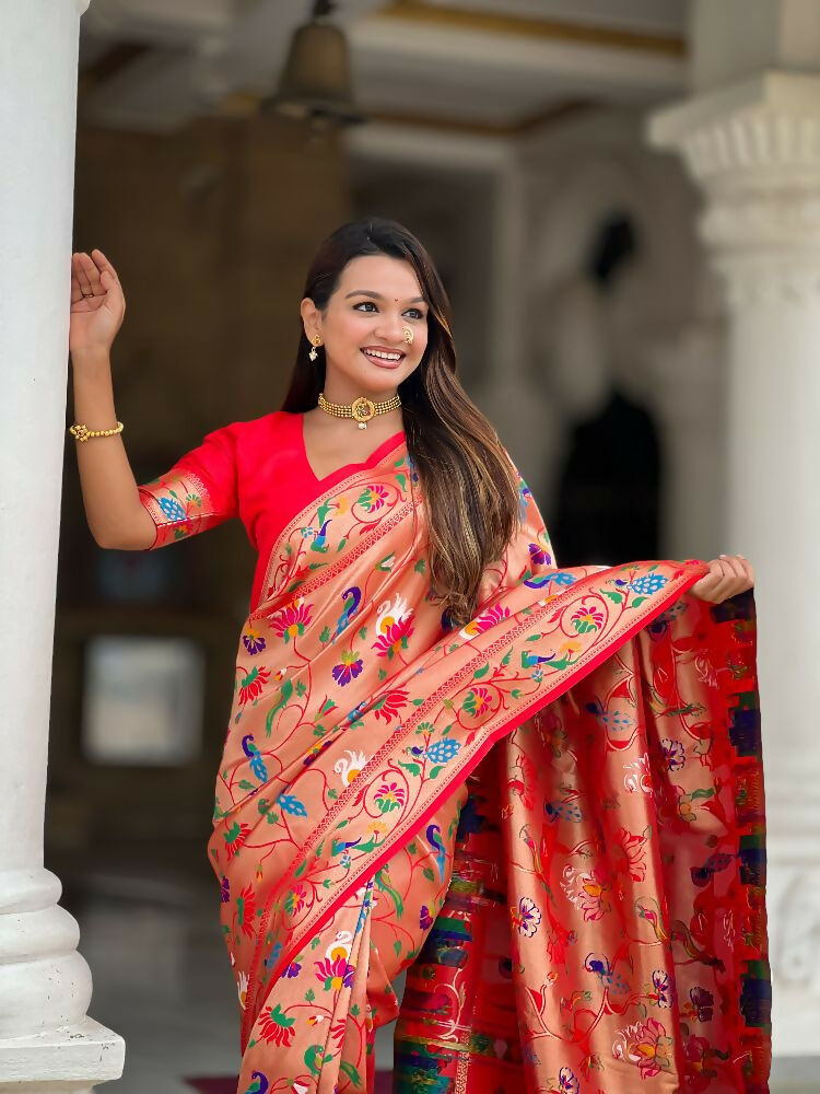 Red Kanjivaram Paithani Silk Saree with Zari Meenakari