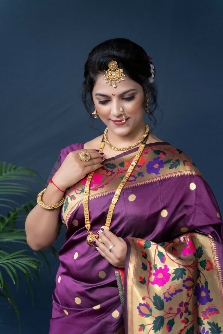 Women's Wine Paithani Silk Saree with Zari Woven Border & Blouse