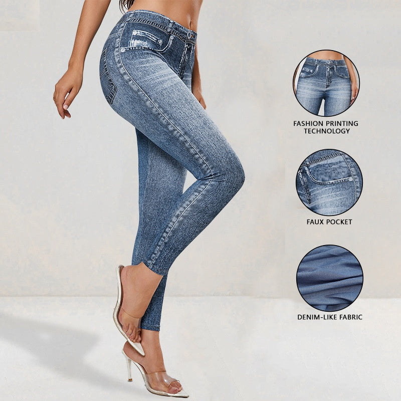 Women's High-Waisted Denim-Print Yoga Leggings Butt-Lifting Sporty