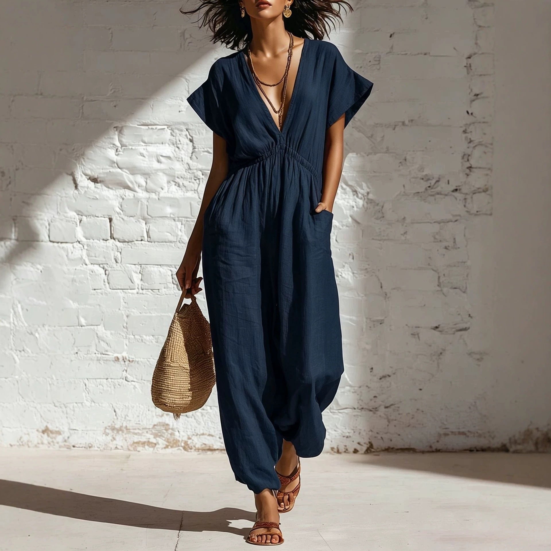 Women's Deep V-Neck Wide Leg Jumpsuit in Cotton, Relaxed Fit