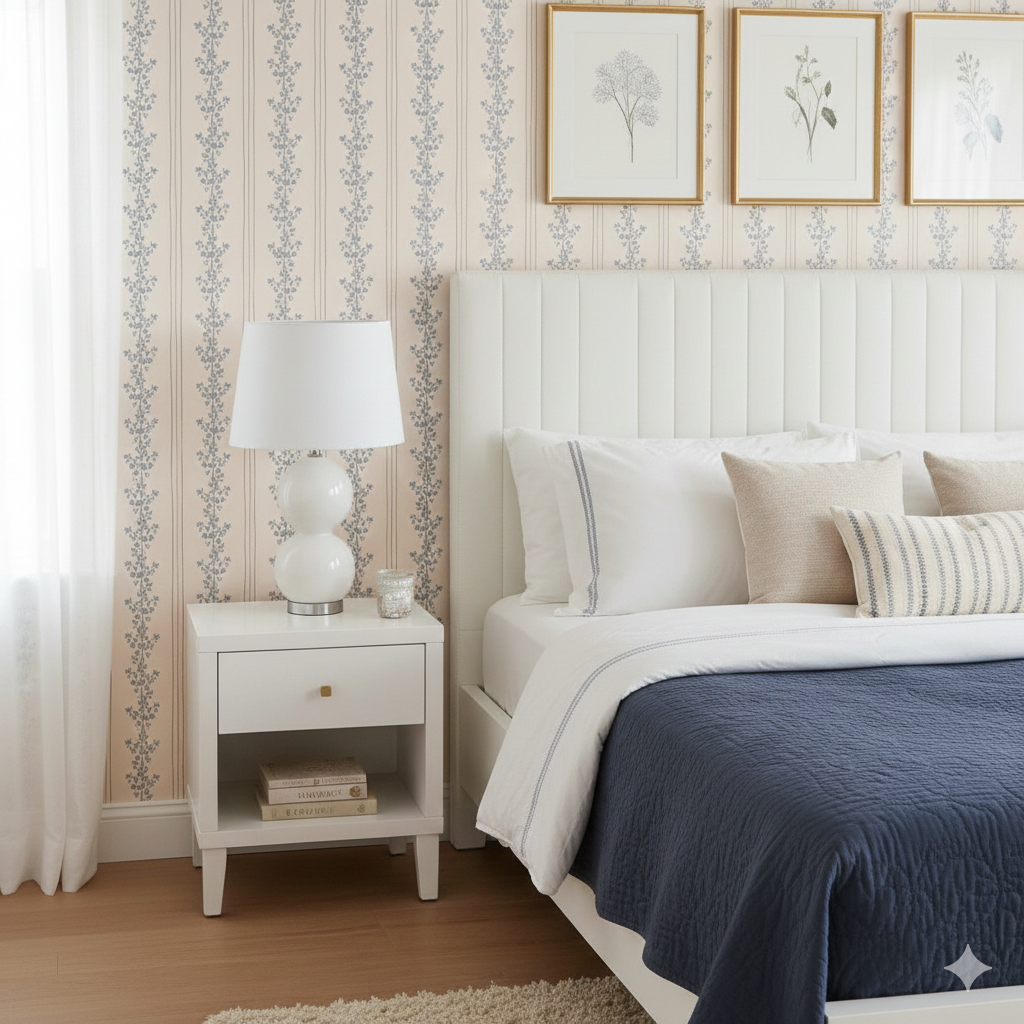 Janie floral wallpaper with blue, white, charcoal, and cream flowers in a cozy room setting.