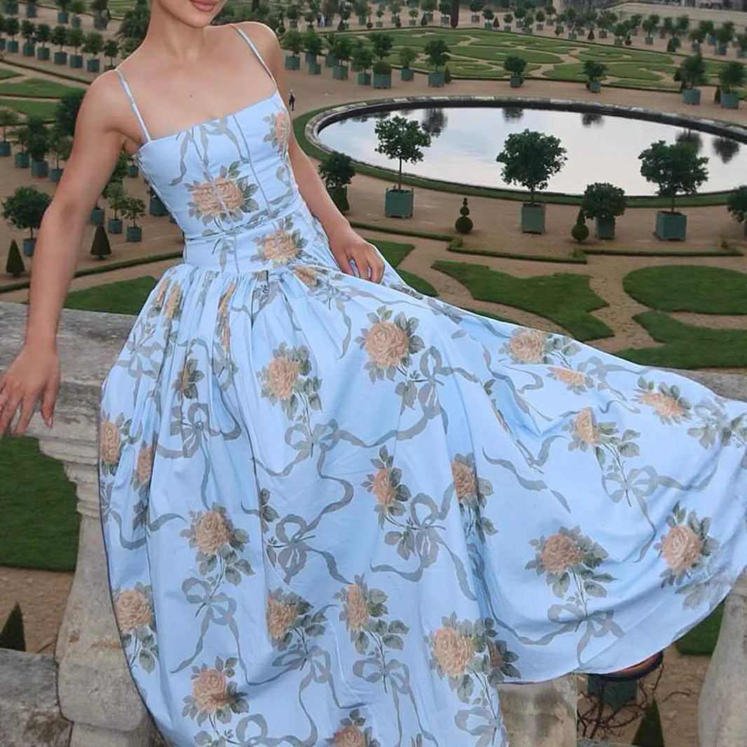 Floral Printed Strapless Backless Maxi Dress in White, Purple, Blue