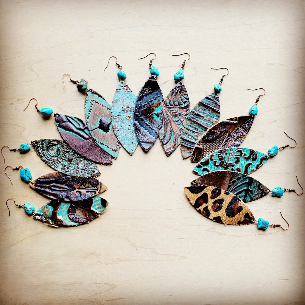 Turquoise Metallic Leather Oval Earrings with Stone Accent - Image 2