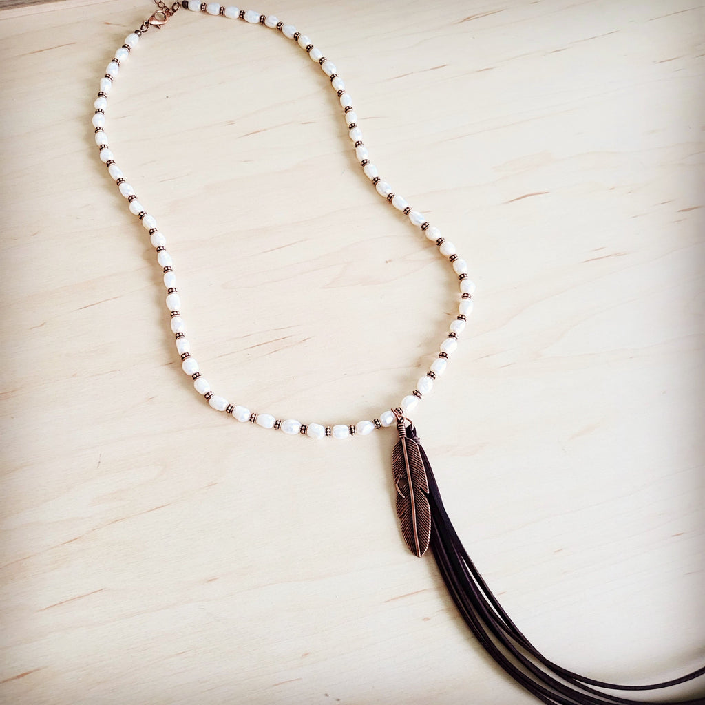 Long Freshwater Pearl & Copper Necklace w/ Feather Tassel Pendant 264b