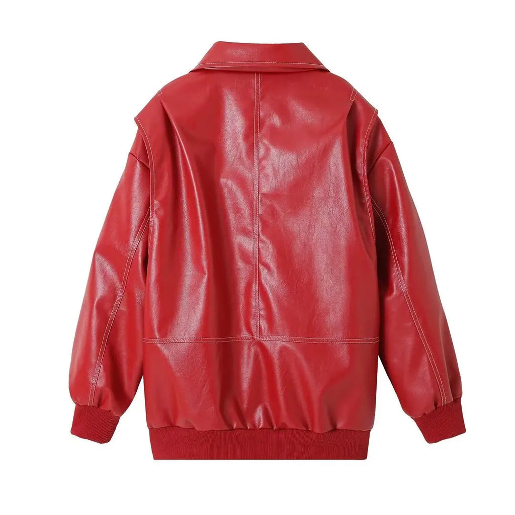 Women's Oversized Red Faux Leather Harajuku Bomber Jacket - Image 6