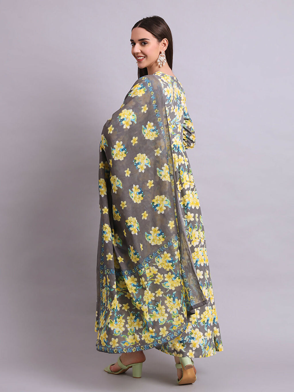 Joban Fashion Yellow Cotton Floral Printed & Embroidery Work Anarkali Dress With Dupatta Set