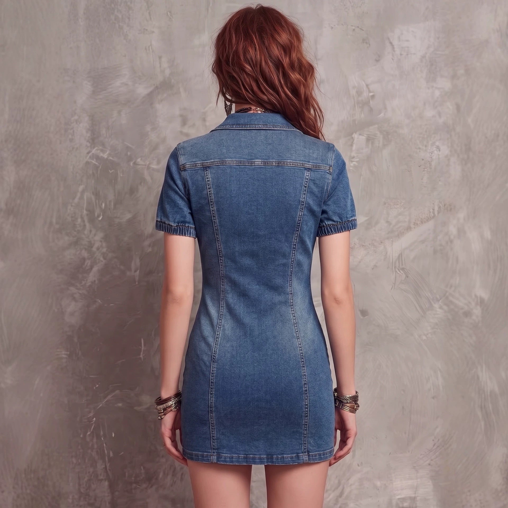 Women's Elastic Fitted Denim Mini Dress – Zipper Pocket Pencil Dress