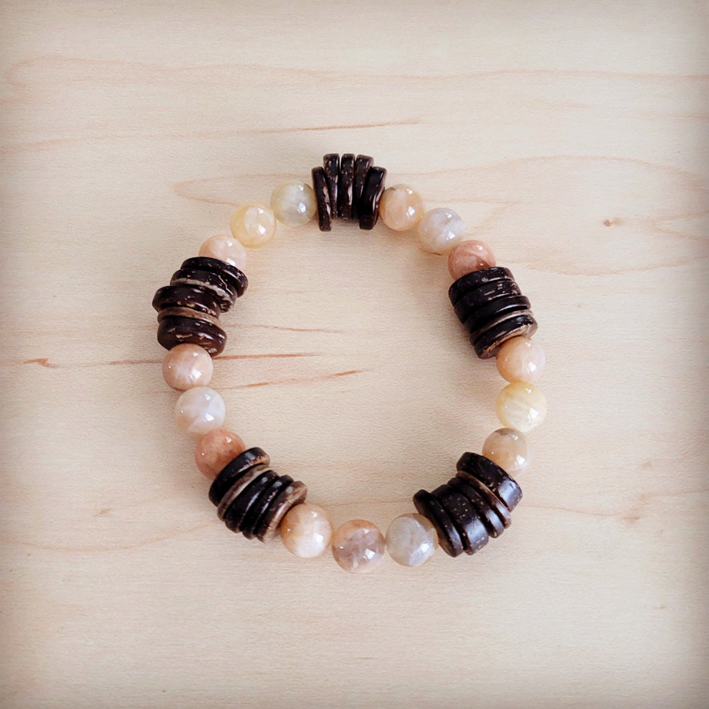 Natural Agate and Wood Beaded Stretch Bracelet - Image 3