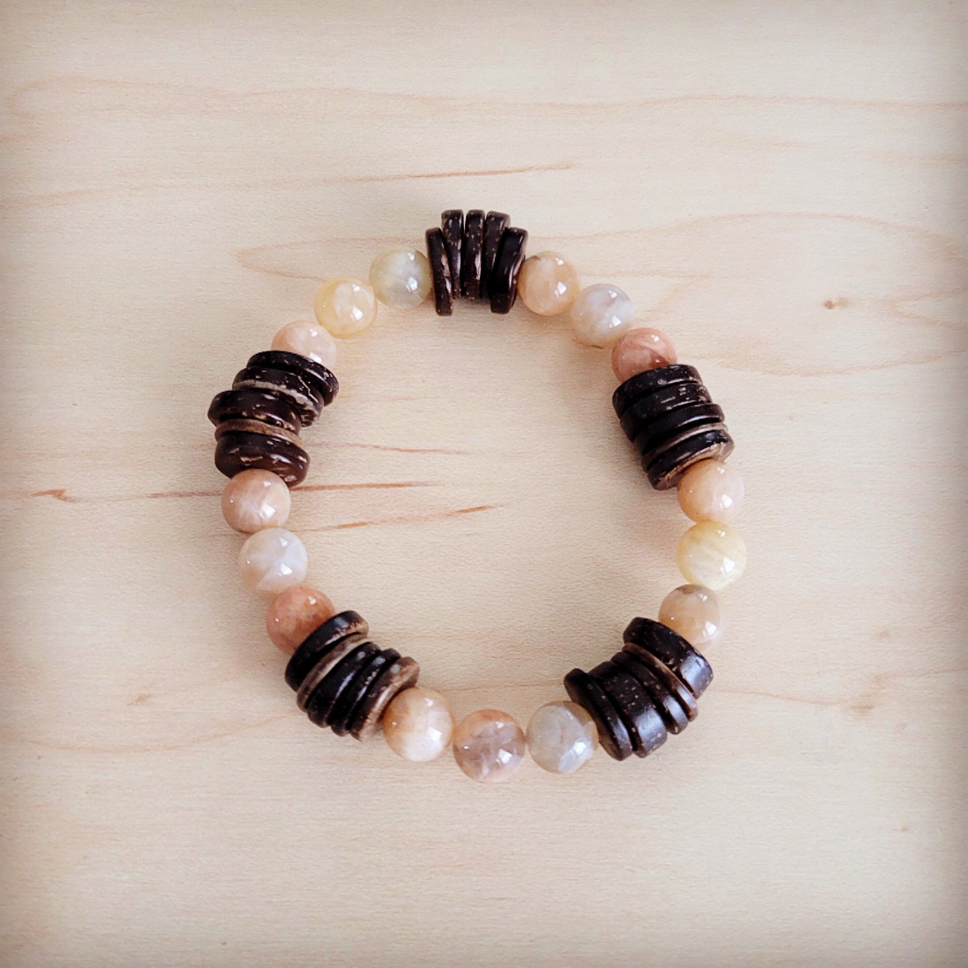 Natural Agate and Wood Beaded Stretch Bracelet - Image 3