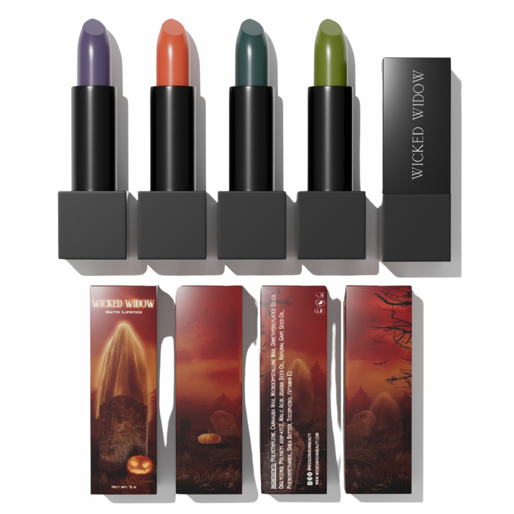 Collection of four matte lipsticks in moody colors with horror-themed packaging featuring a ghostly graveyard scene