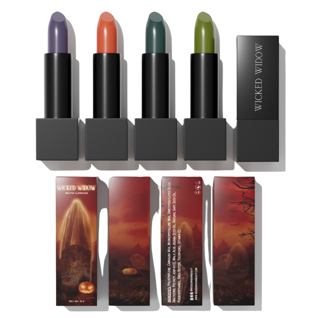 Collection of four matte lipsticks in moody colors with horror-themed packaging featuring a ghostly graveyard scene