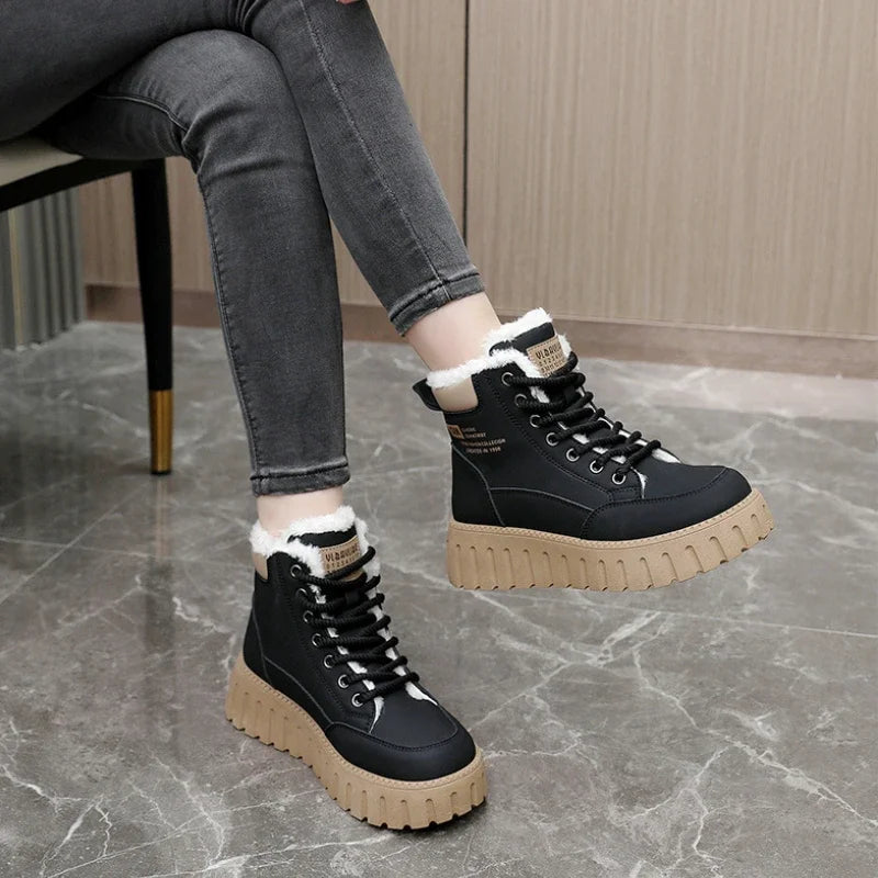 Women's Beige Plush Lined Lace-Up Ankle Boots with Chunky Sole - Image 3