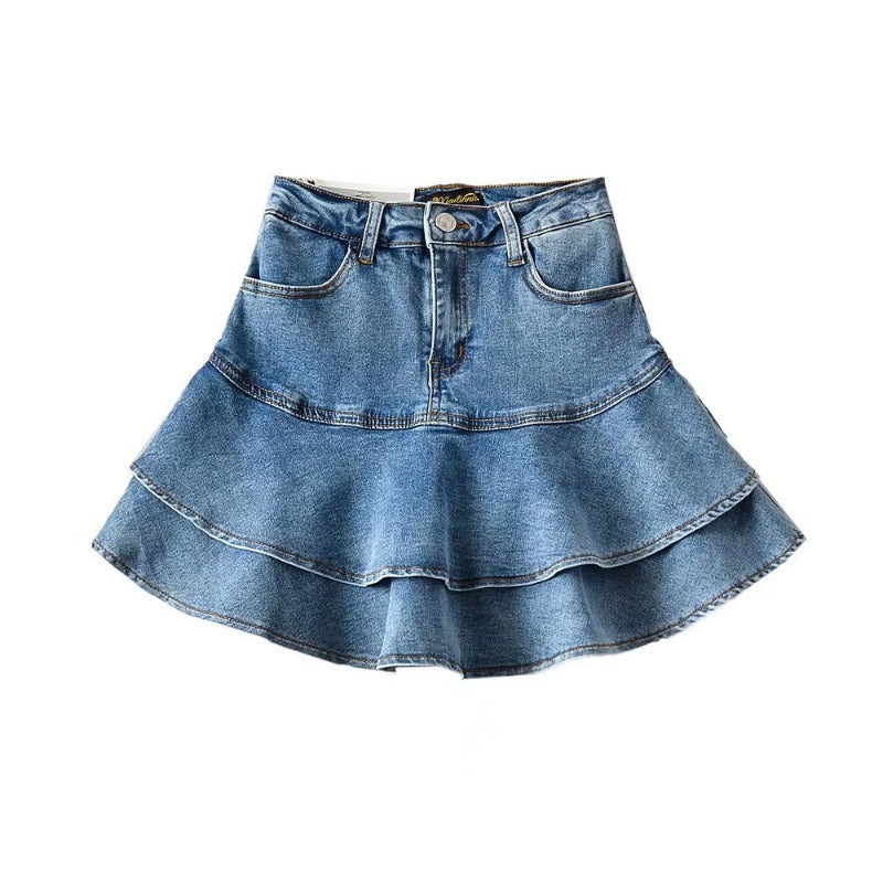 High Waisted Tiered Denim Mini Skirt with Ruffle Hem - Image 8