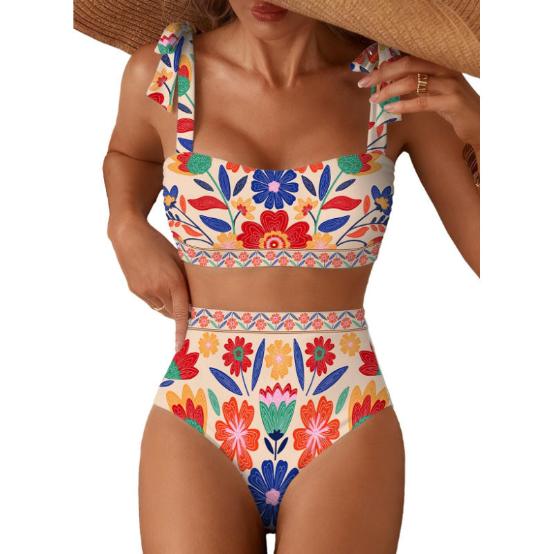 Tie-Shoulder Striped High-Waisted Bikini Set Two-Piece Swimsuit