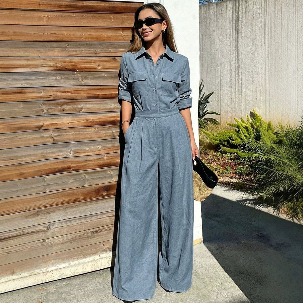 Women's Collar Long Sleeve Jumpsuit – Loose Fit Full Length