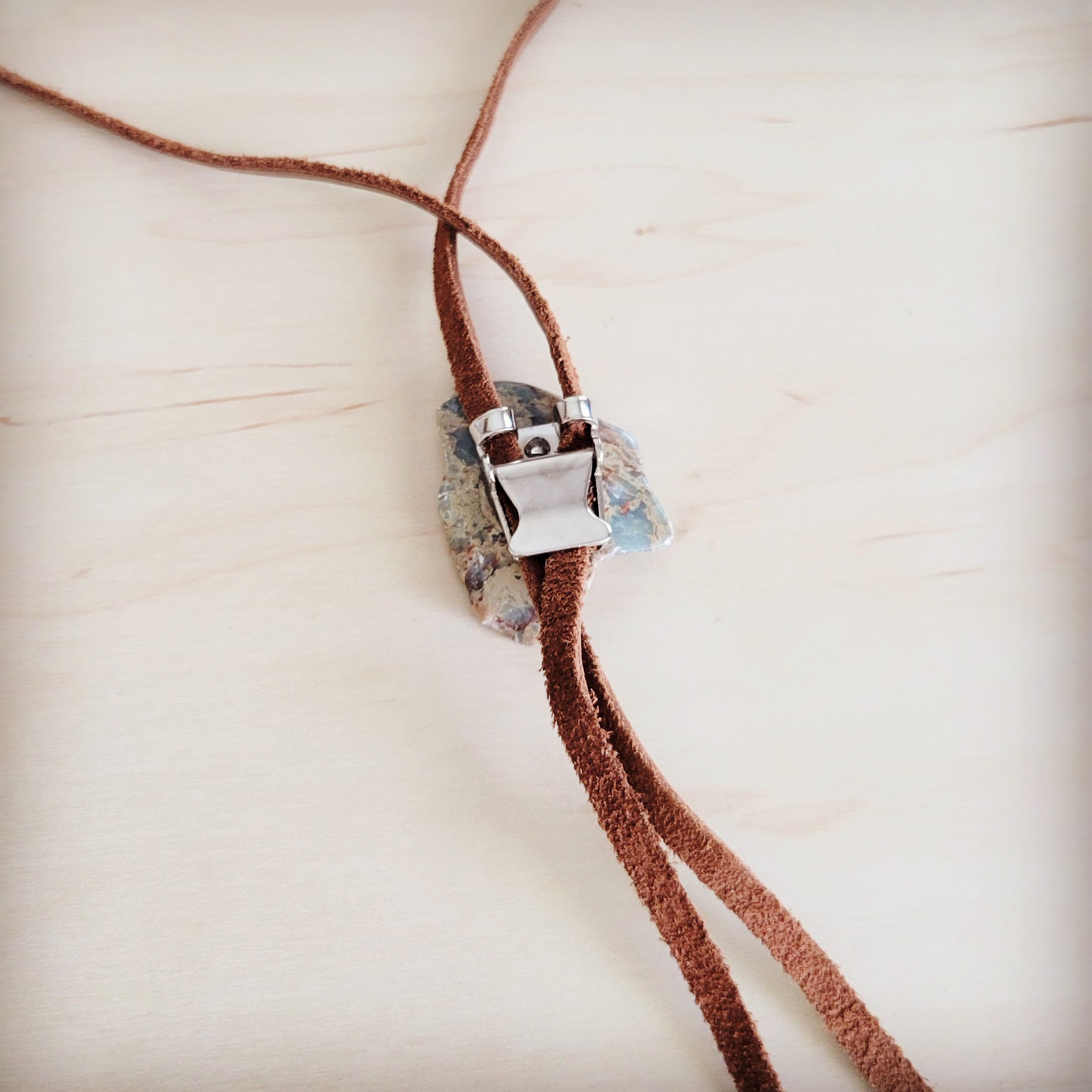 Leather Lariat Boho Necklace w/ Aqua Terra Slab Accent 264e