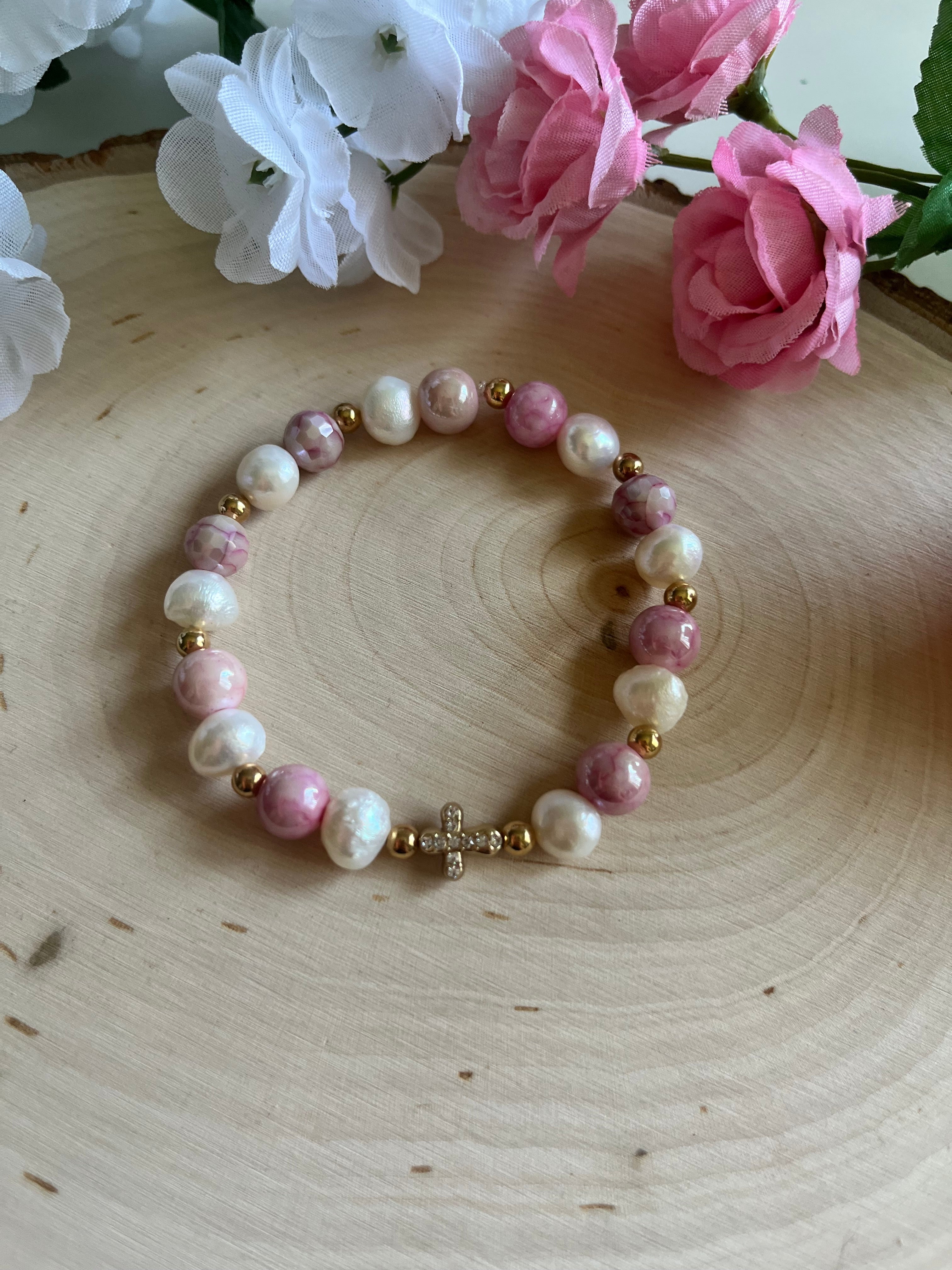 Pink Pearl Bead Gold Cross Bracelet – Christian Jewelry Gift for Her