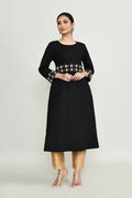 Front view of Joban Fashion black rayon kurta with golden dupion silk pants and embroidery details