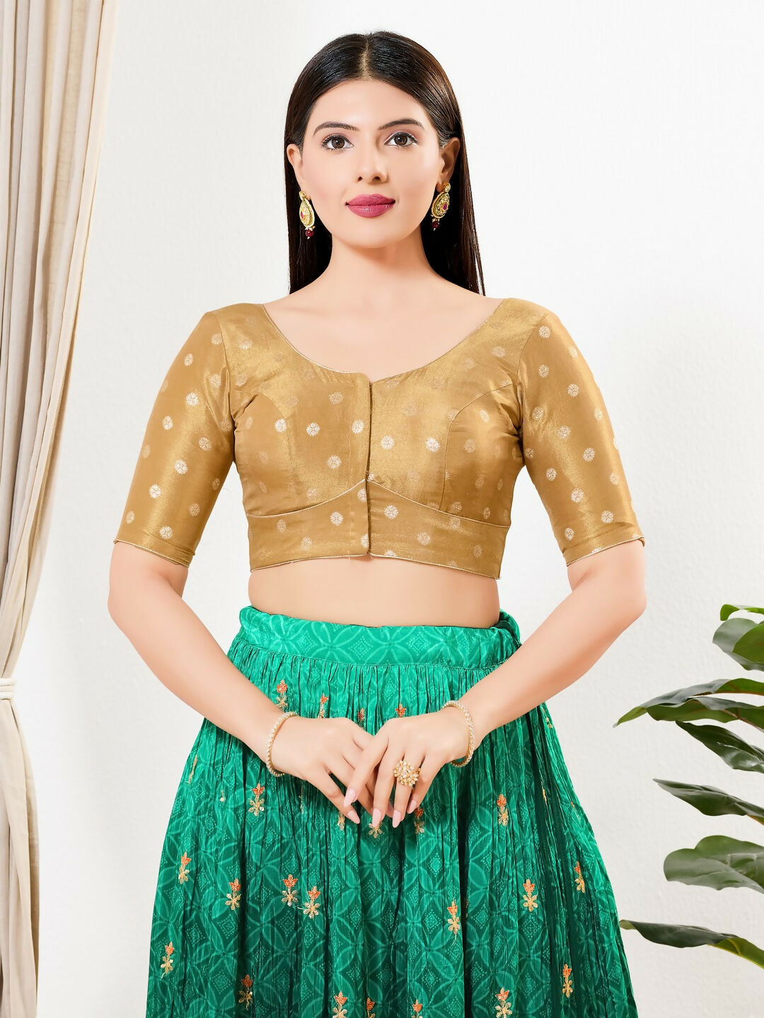 Gold Tissue Padded Blouse with Round Neck & Elbow Sleeves