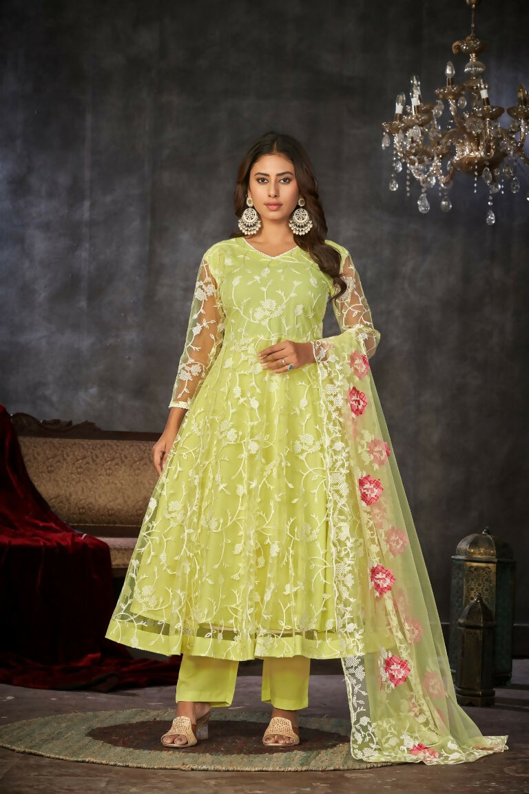 Women's Pista Net Embroidered Anarkali Kurta Pant Set