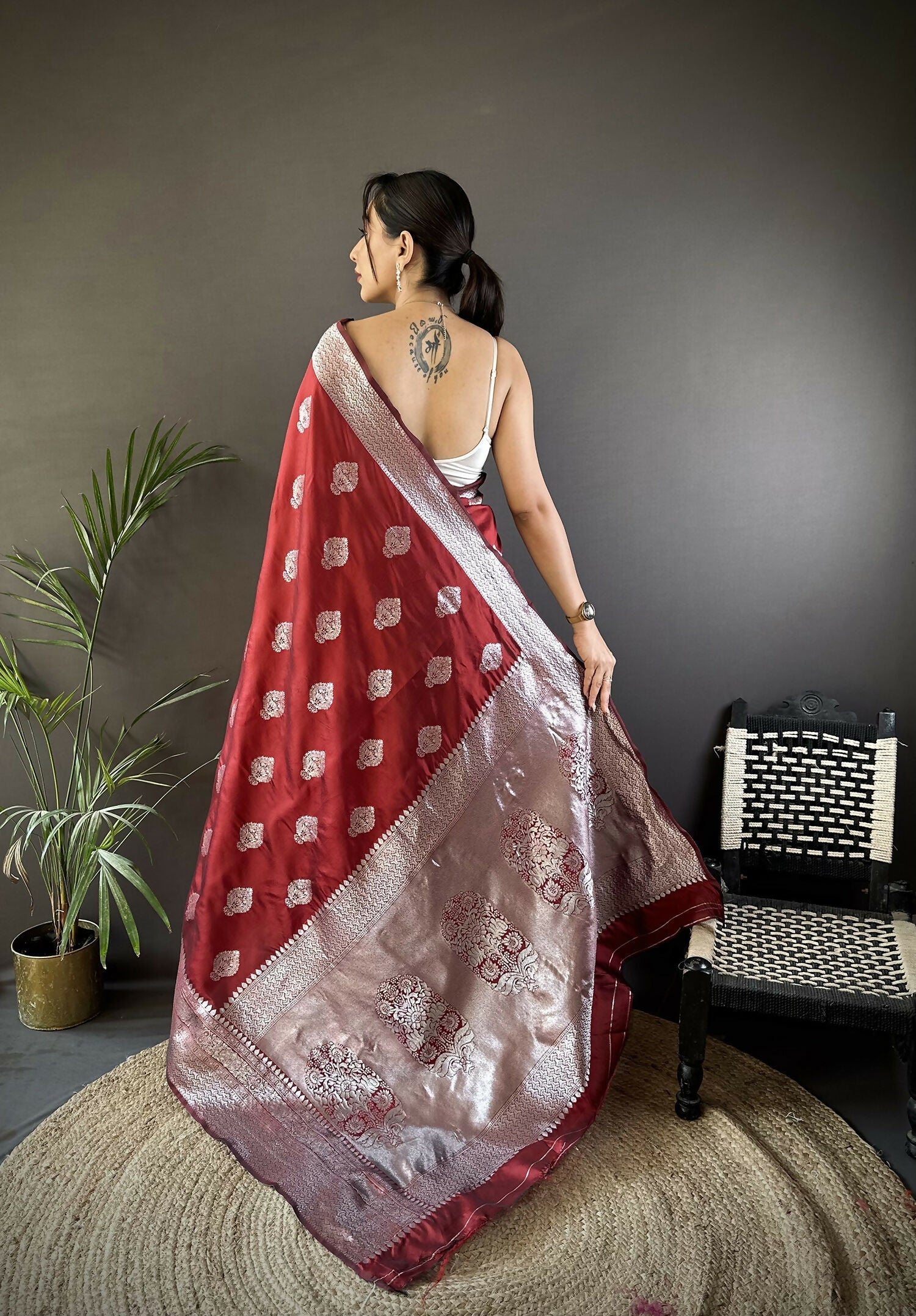 Maroon Floral Motifs Soft Silk Banarasi Saree with Matching Blouse