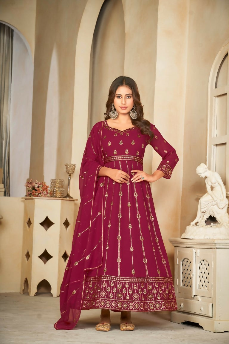 Rani pink georgette embroidered anarkali kurta pant set