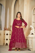 Rani pink georgette embroidered anarkali kurta pant set