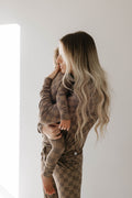 Women's Long Sleeve Bamboo Pajama Set - Faded Brown Checkerboard
