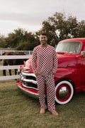 Men wearing a red and white long-sleeve bamboo pajama set with straight-leg pants.